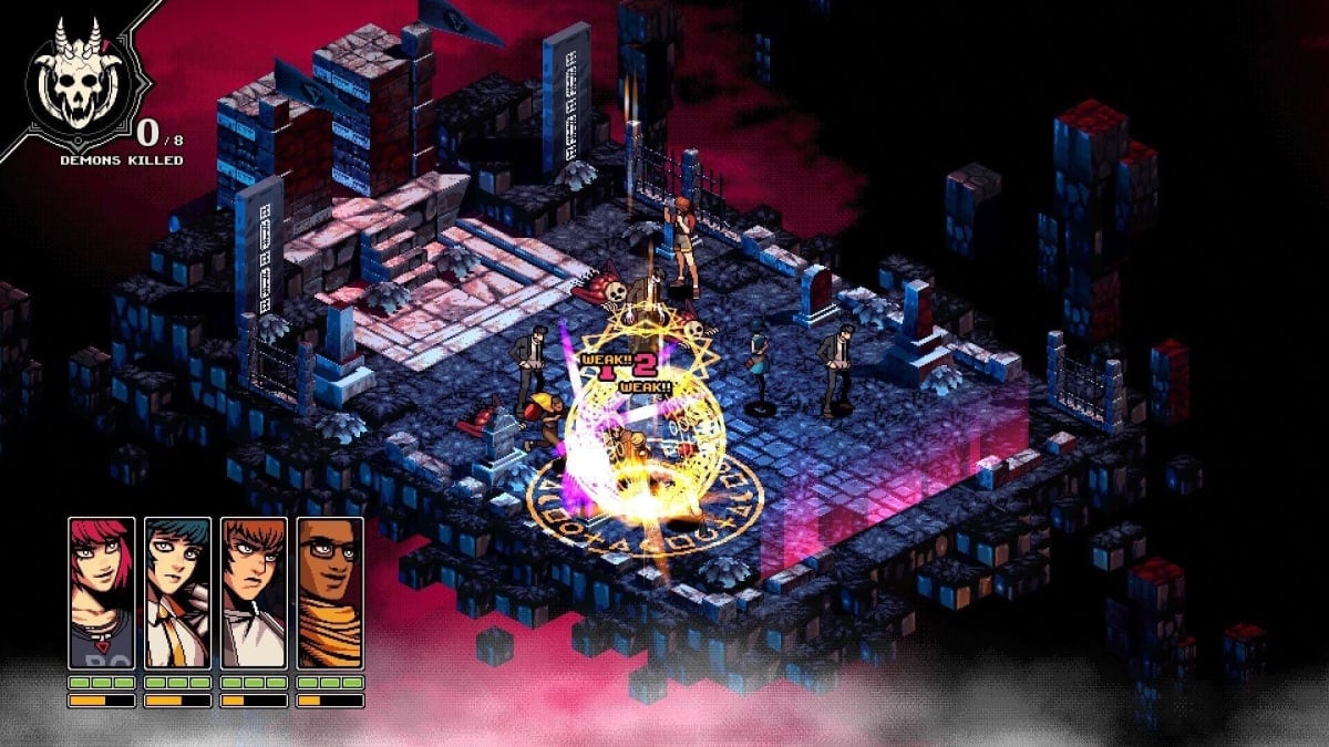 The party battling demons in isometric turn-based combat in Demonschool