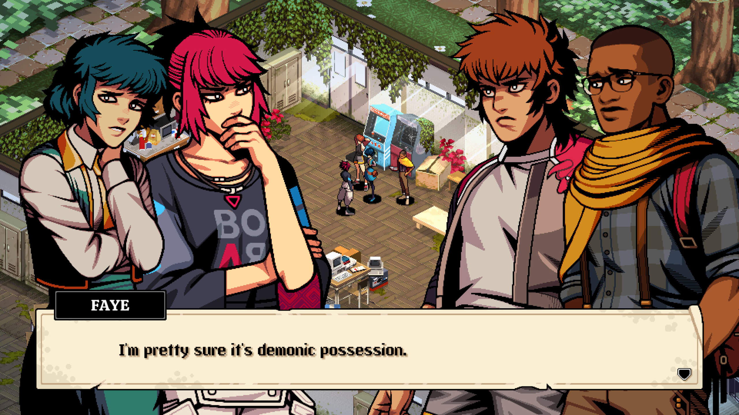 Four characters talking as Faye says 